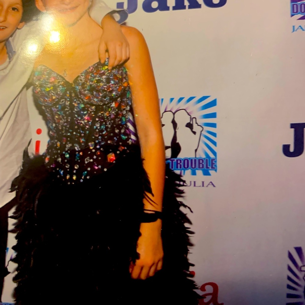 Gem and feather cocktail dress